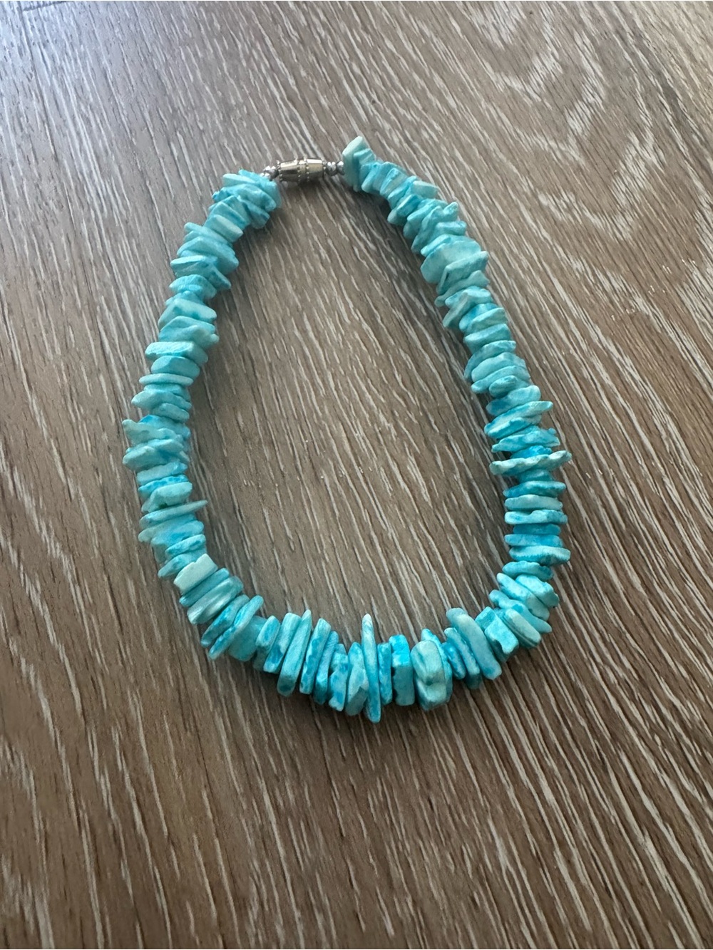 Blue turquoise puka shell chunk bracelet with barrel clasp